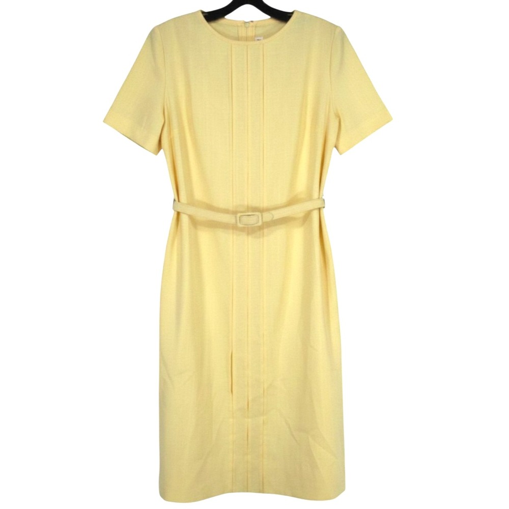 VTG DIANE ROBERTS Yellow TWILL Pleated Slits SIDE POCKETS Belted SHEATH DRESS 14
